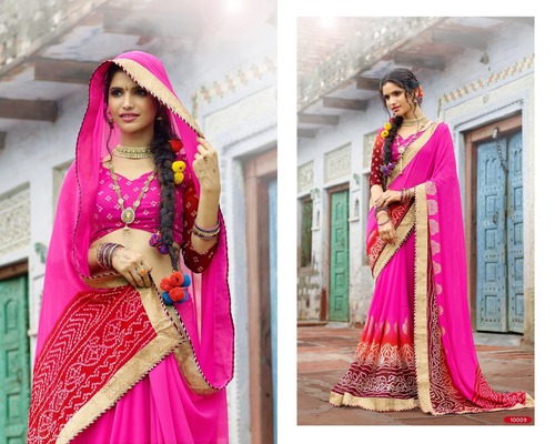 Printed Chiffon Saree - Silk Fabric, Heavy Embroidery Blouse, Pink Color | Multi-season Style, Bandhani Pattern