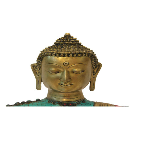 Buddha Bust In Brass With Stone Inlay Work