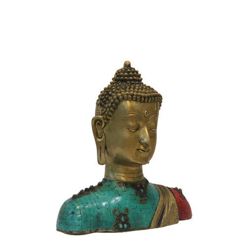Buddha Bust In Brass With Stone Inlay Work