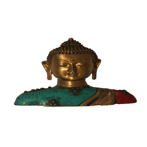 Buddha Bust In Brass With Stone Inlay Work