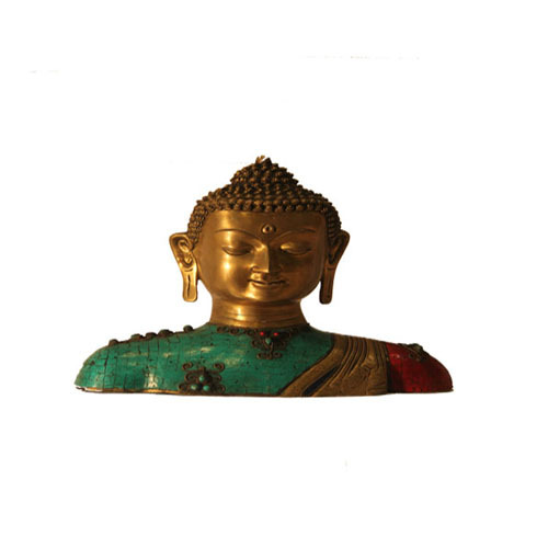 Buddha Bust In Brass With Stone Inlay Work
