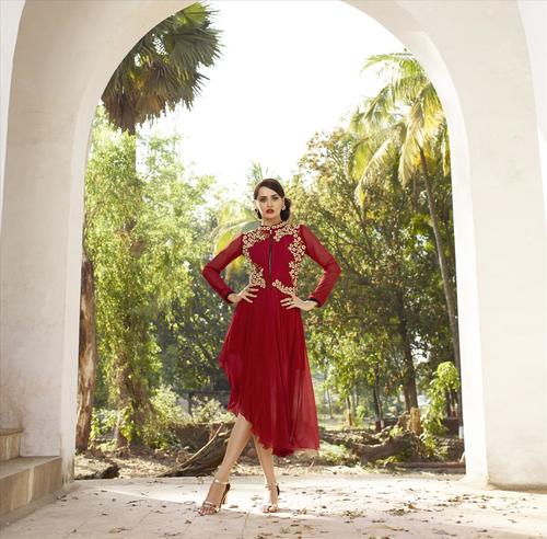 Red Georgette Embroidered Kurti