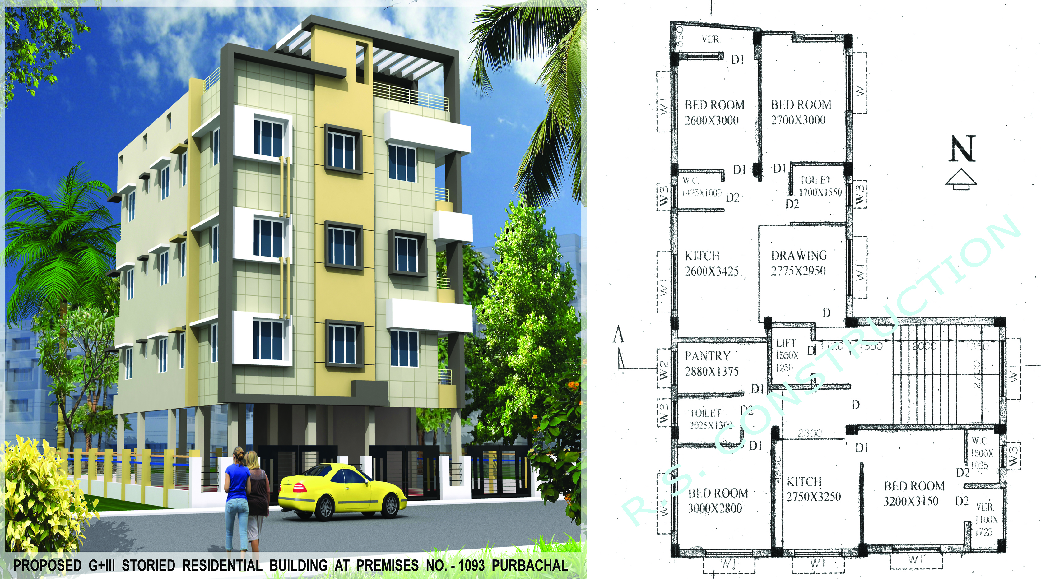 Residential Building Construction Services - 2bhk 850 Square Feet, G+iii Story, Lift & Generator Facilities, Custom Designs, Landscaped Environment