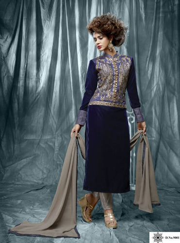 Designer Velvet Salwar Suit - Velvet, Customized Up to 42", Blue | Embroidered, Full Sleeves, Dry Cleaning, Modern Fashion
