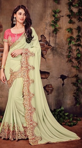 Embroidered Looking Amazing Light Green Georgette Saree