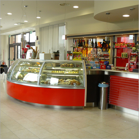 Food Display Counter - Stainless Steel, Customizable Dimensions, Red | LED Lighting, Tempered Glass, Adjustable Shelves, Warm Yellow Light, Space-Saving Design, Sliding Glass Doors