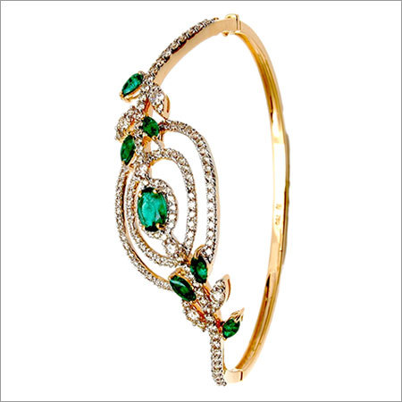 Gold Diamond Emerald Half Bangle