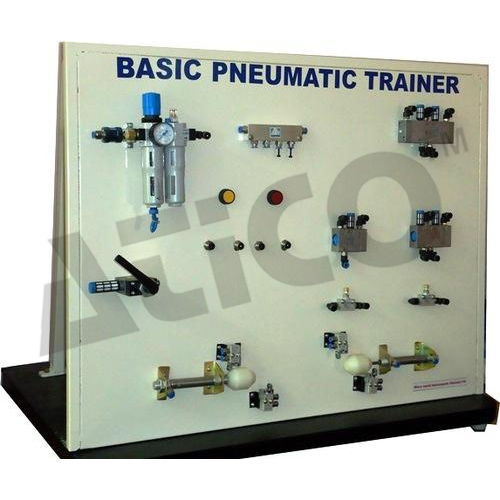 Basic Pneumatics Trainer - Stainless Steel, Inclined Support Panel with Air Service Unit | Includes Monostable & Bistable Push Buttons, Single & Double Acting Cylinders, Limit Switches and Flow Regulators