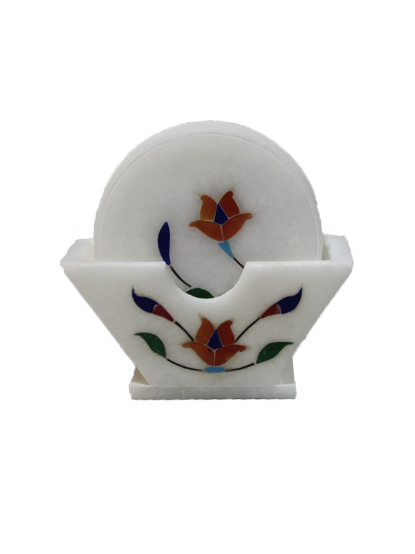Marble Tea Coster With Stone Inlay Work