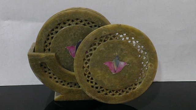 Marble Tea Coster With Stone Inlay Work