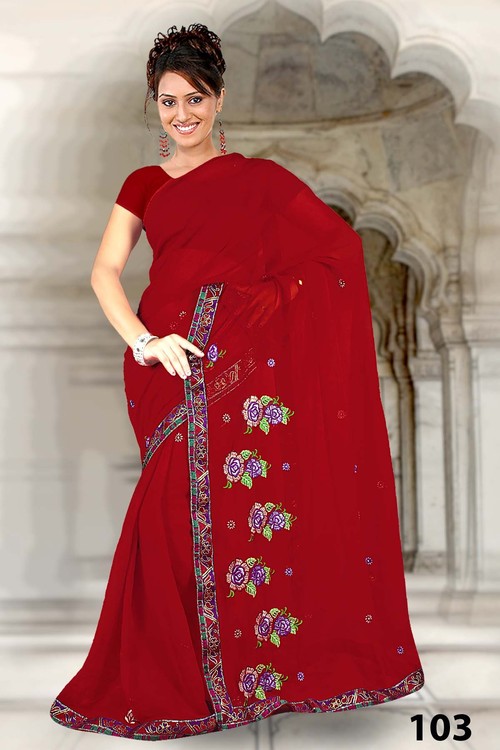 लाल कढ़ाई वाला प्रिंटेड वर्क साड़ी