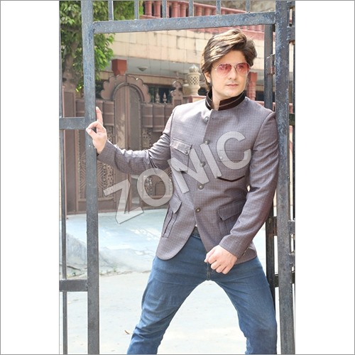 Gray And Blue Mandarin Collar Blazer