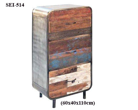 Designer Wooden Side Drawers - Wood & Metal, 60x40x110cm, Brown | Stylish Industrial Design, Durable Reclaimed Wood, Three Drawers, Easy Assembly