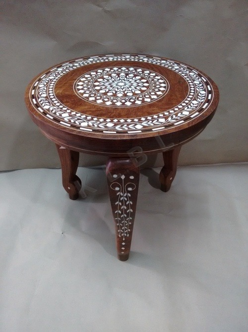 Sheesham Wood Round Table - 12", 14", 16", 18" | Floral Design with Mother of Pearl Inlay, 3 Legs, Natural Finish