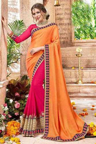 Raw Silk Orange Latest Embroidery Festive Wear Sarees