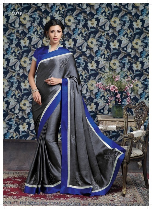 ग्रे साटन शिफॉन साड़ी