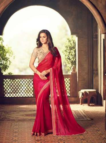 Designer Embroidered Georgette Saree - 6.3 MTR, Multi-Color with Lace Border | Hand Embroidery, Bollywood Style for All Seasons