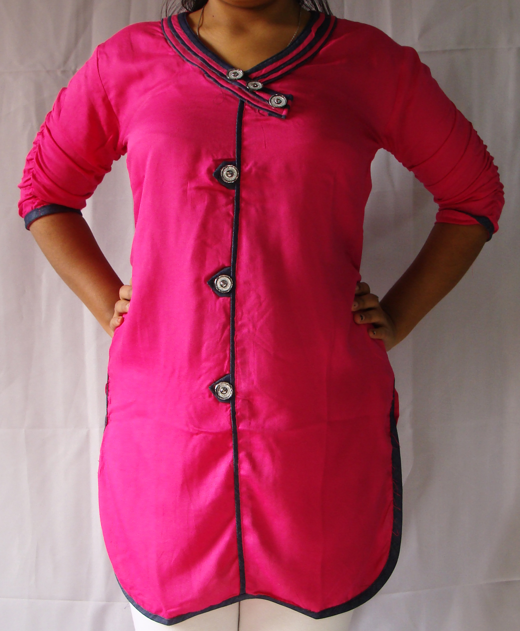 Designer Rayon Kurti Crescent Denim Collar