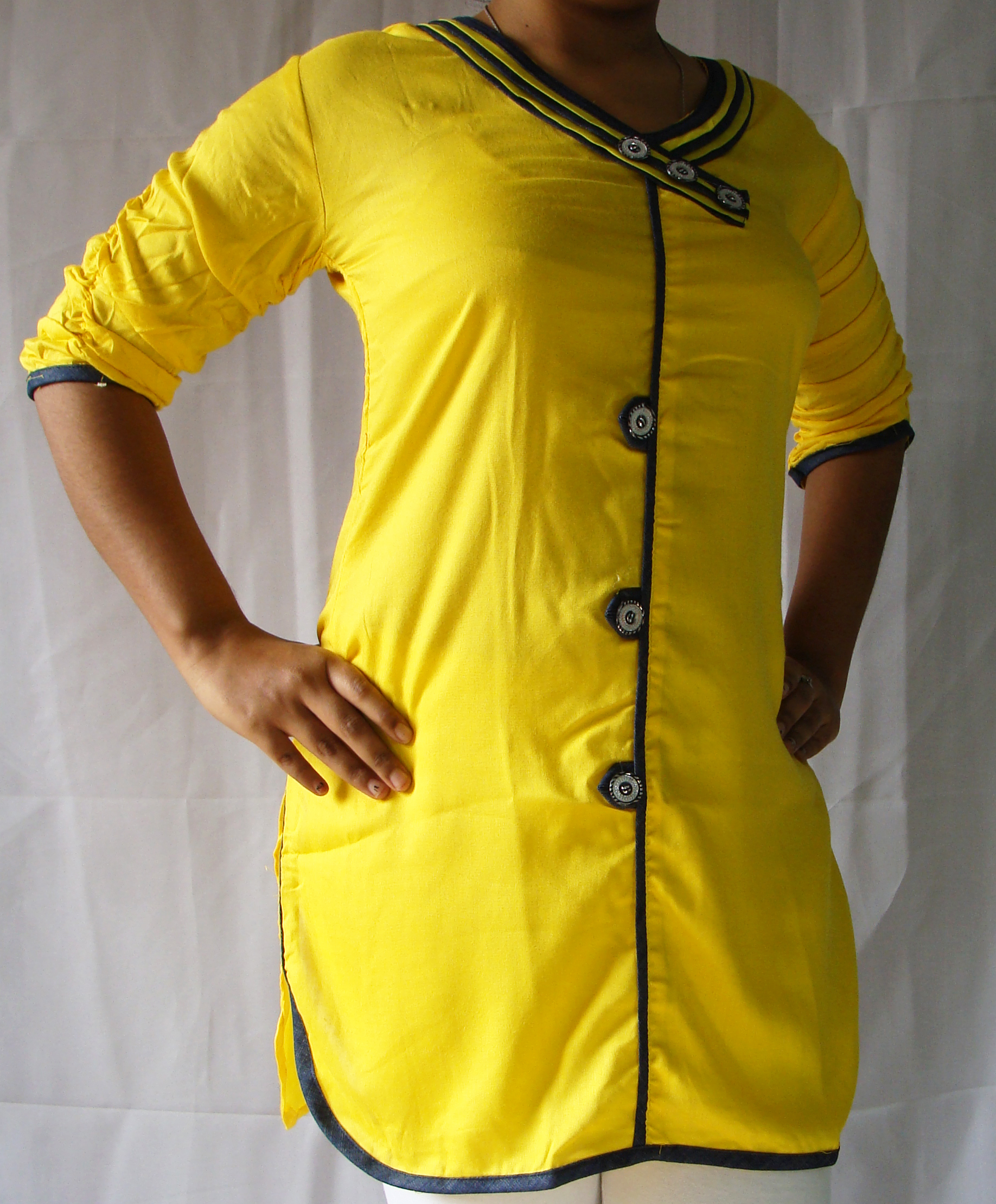 Designer Rayon Kurti Crescent Denim Collar