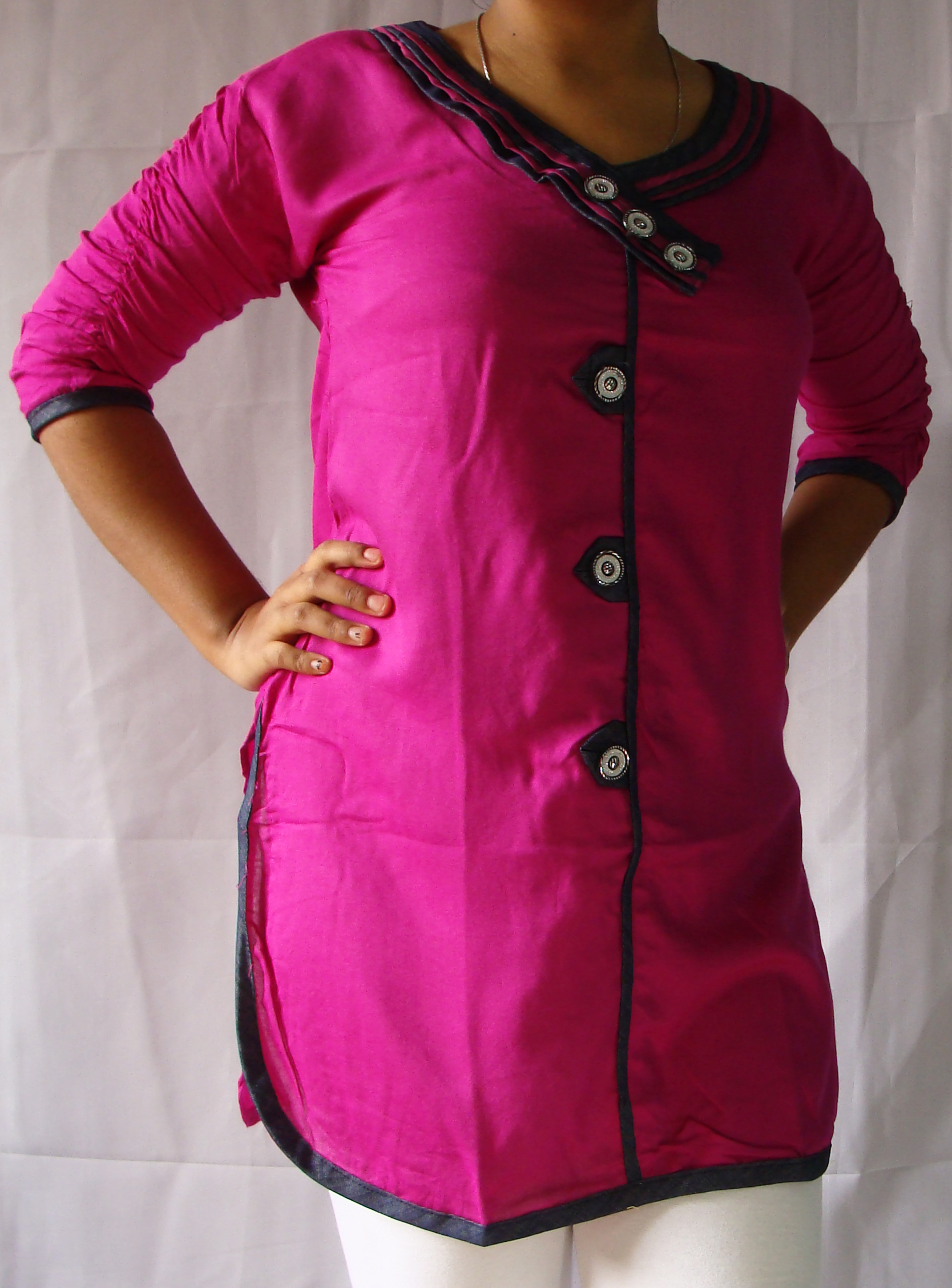 Designer Rayon Kurti Crescent Denim Collar