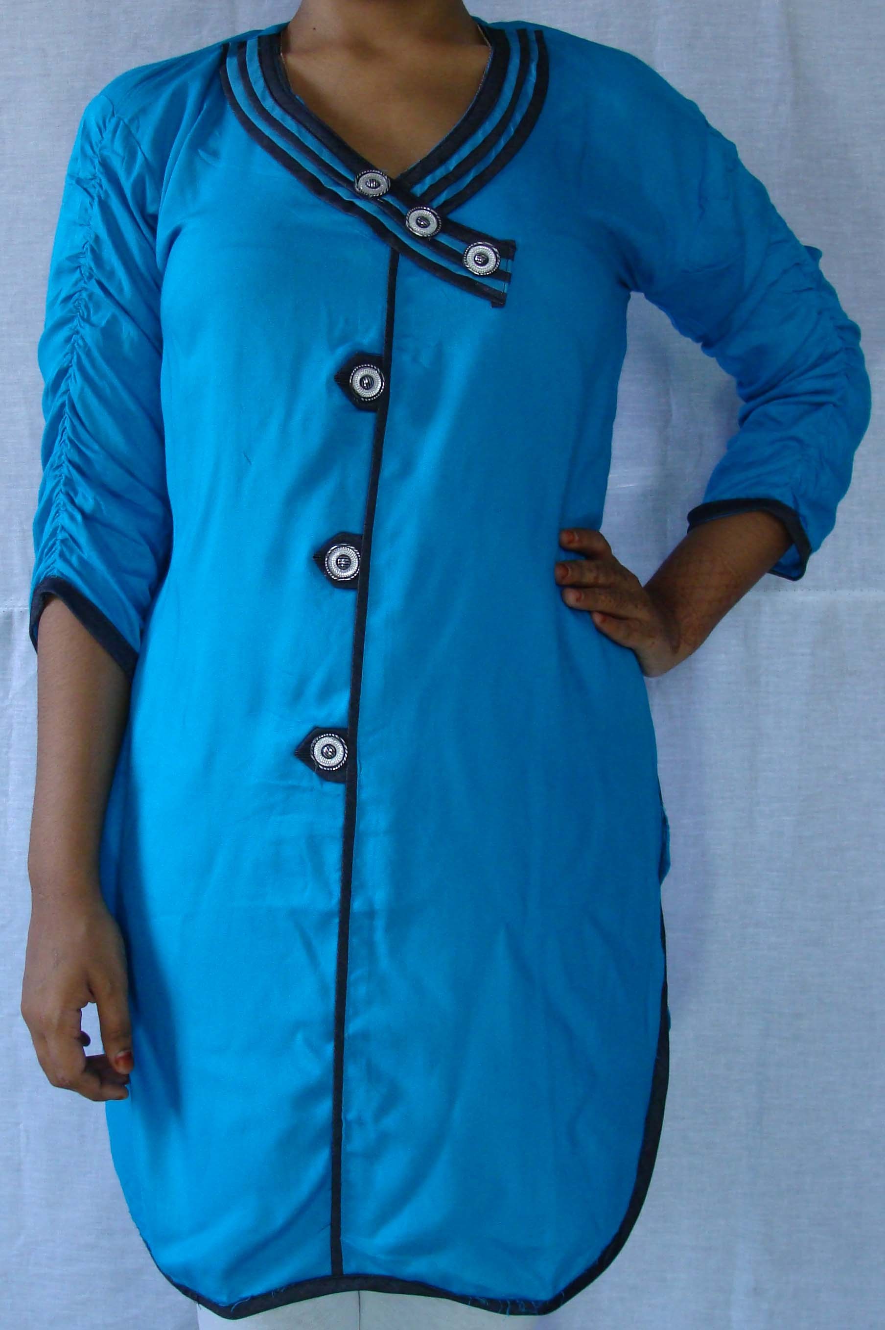 Designer Rayon Kurti Crescent Denim Collar