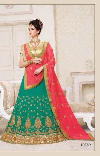 Exclusive Lehenga Choli - Georgette With Art Silk Blouse, Customized 42" , Blue Pink Embroidered Stone Work