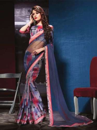 Georgette Floral Designer Saree - 6.30 Meters with Blouse Fabric, Grey Printed Design | Perfect for All Seasons, Dry Clean Only