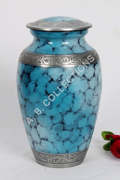 Blue Marble Silver Engraved Band Metal Classic Funeral Urn