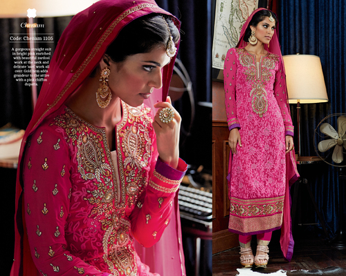 Fancy Chiffon Duptta Wedding Wear Suit - Georgette, Free Size, Pink, Full Sleeves, Embroidered | Washable, No Fade, All Season Churidar Suit