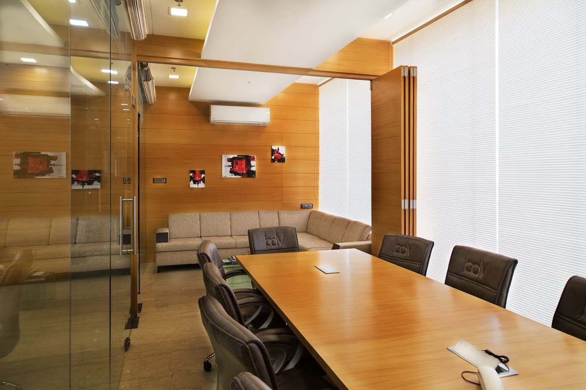 Corporate Office Interior - Glass And Wood Design, Rectangular Layout, Brown Color, Seating Capacity 8-12 | Collaboration Hub, Enhanced Productivity, Modern Design