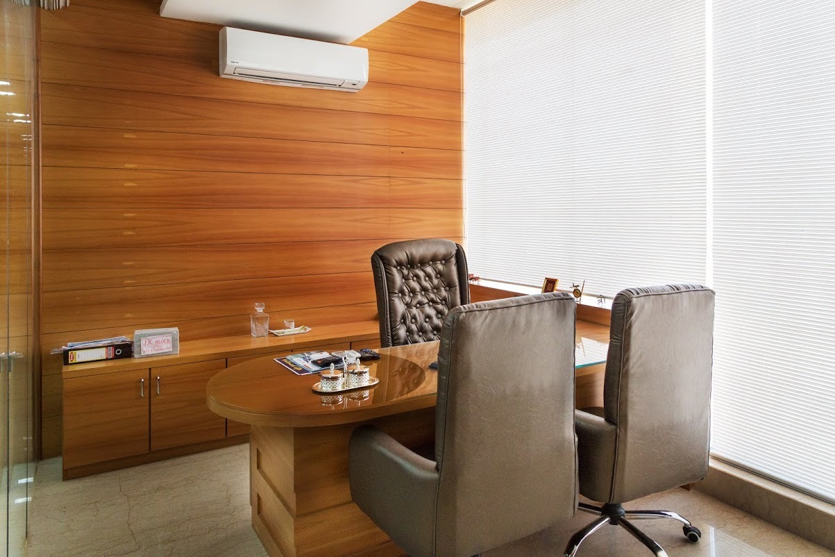 Corporate Office Interior - Glass And Wood Design, Rectangular Layout, Brown Color, Seating Capacity 8-12 | Collaboration Hub, Enhanced Productivity, Modern Design