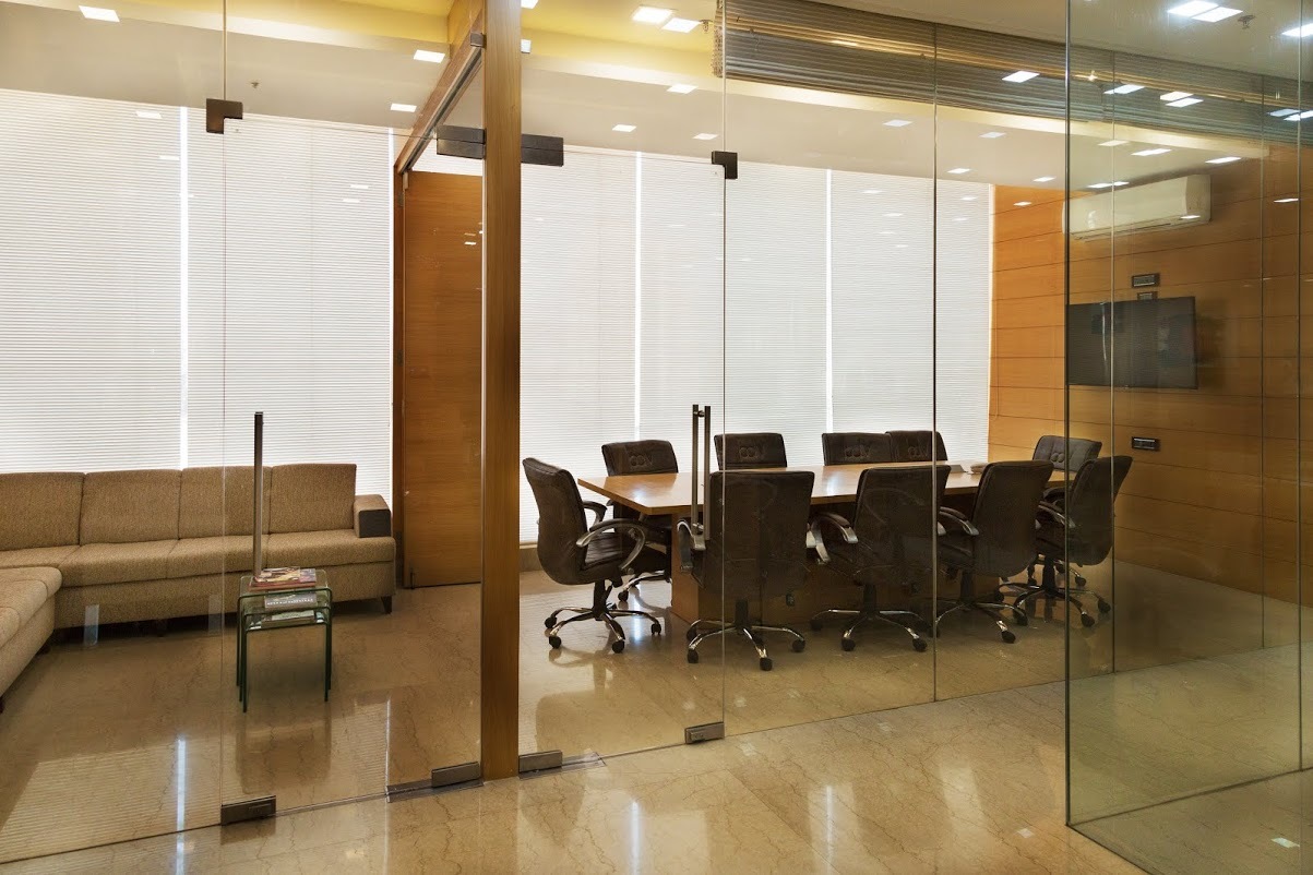 Corporate Office Interior - Glass And Wood Design, Rectangular Layout, Brown Color, Seating Capacity 8-12 | Collaboration Hub, Enhanced Productivity, Modern Design