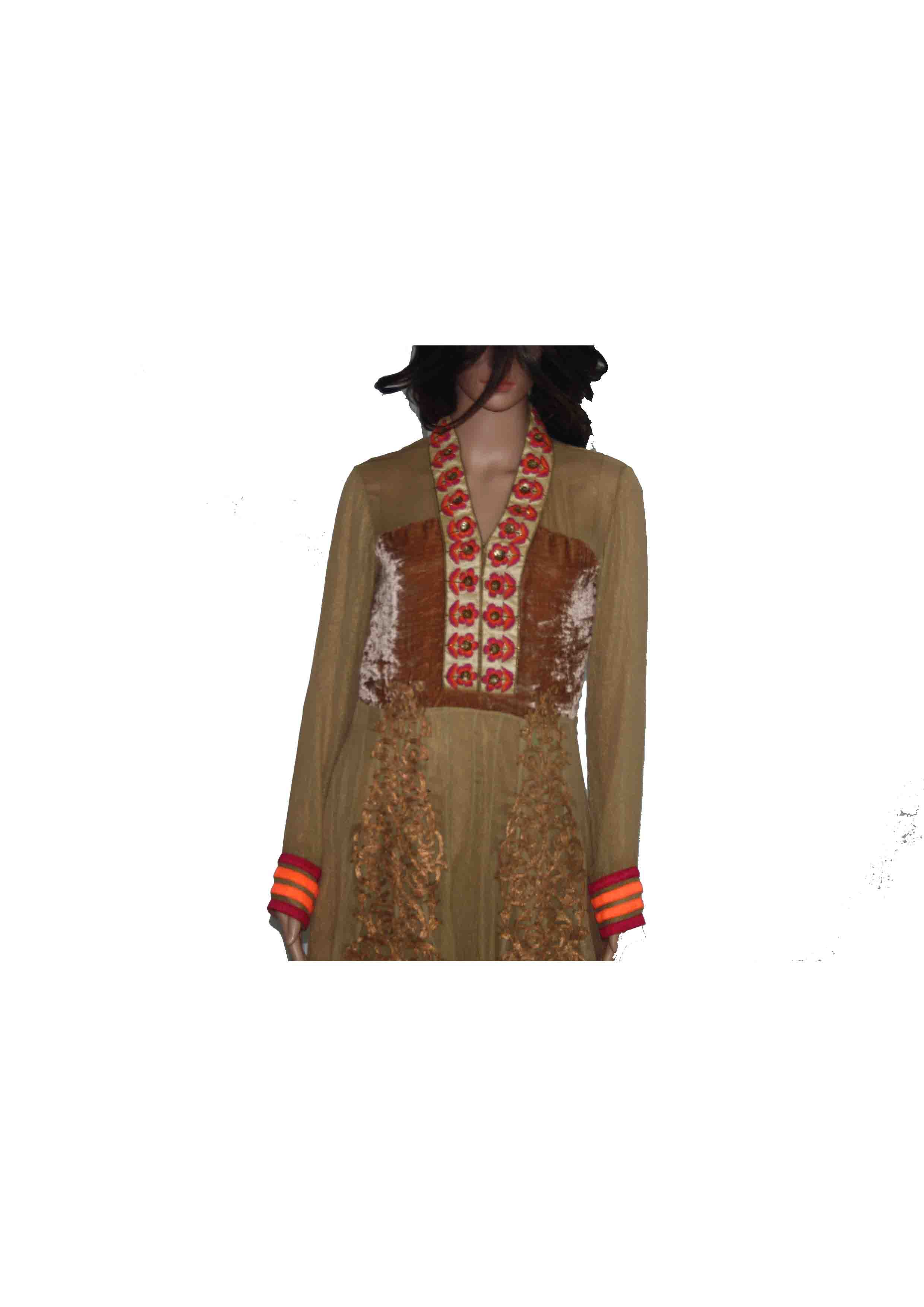 Annarkali Panel Gown - Chiffon Velvet, Olive Green | Detailed Embroidery, Elegant Design, Floor-length, Long Sleeves