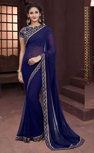 Stylish Navy Blue Chiffon Saree - 6.3 Mtr Length, Banglory Silk Blouse, Hand Embroidery, Short Sleeves, All Season Wear