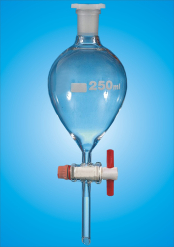 Separating Funnel - 250 ml, Glass Material - Clear Color, PTFE Stopcock, Graduated Squib Shape