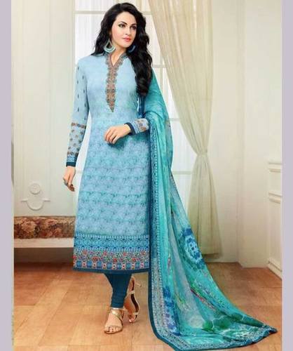Georgette Salwar Kameez - Georgette & Santoon Fabric, Semistitched Size Upto 42, Beige With Embroidered Floral Print | Casual Ethnic Style, Hand Embroidery Detail