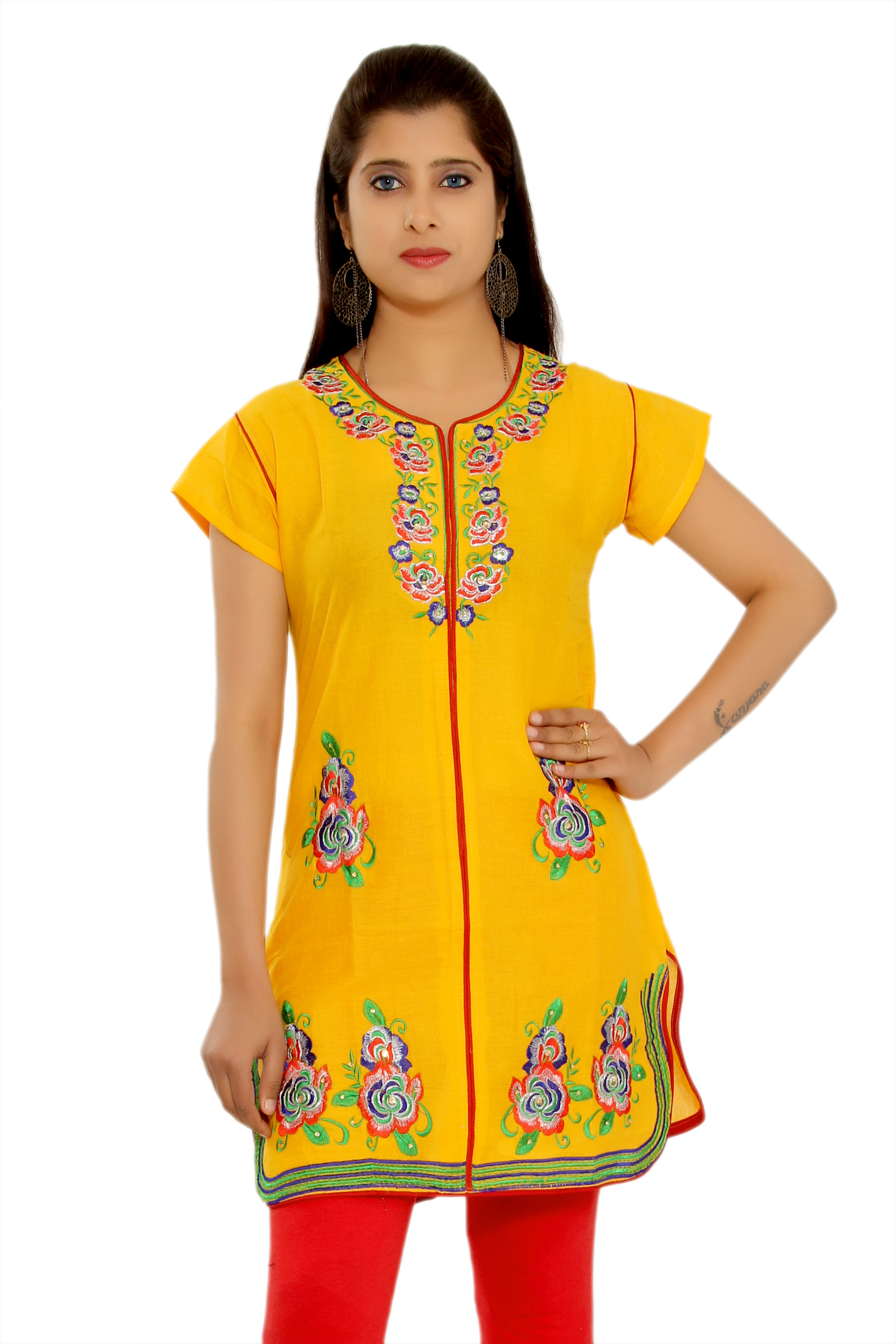 Fancy Stone Work Short Kurti - Cotton, Size M, Pink | Embroidered, Stone Work, Festival Wear