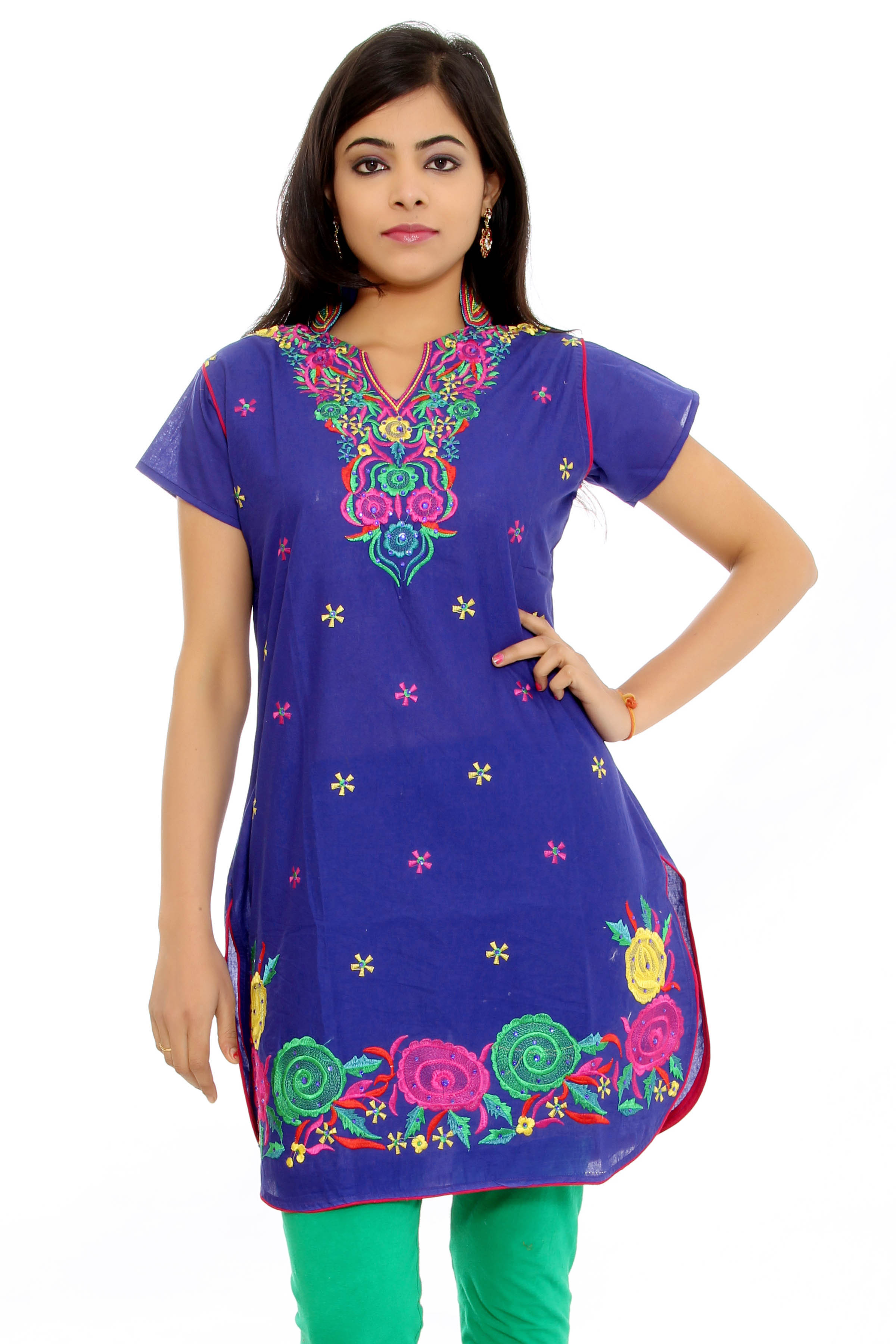 Stone Work Kurti - Cotton, Knee-length, V-neck, Short Sleeves, Green Color | Lightweight Fabric, Colorfast, Stylish Look, Elegant Design