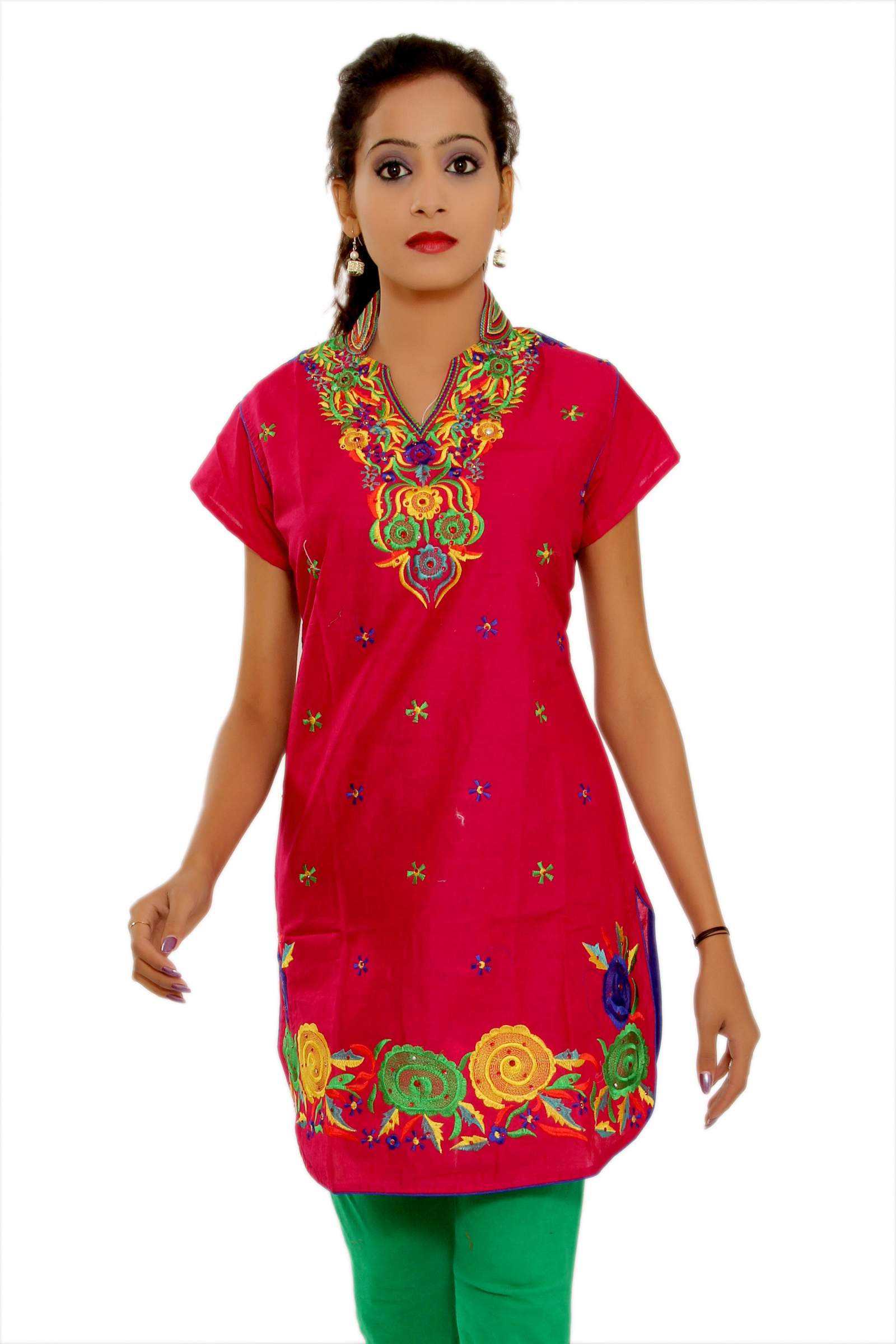 Stone Work Kurti - Cotton, Knee-length, V-neck, Short Sleeves, Green Color | Lightweight Fabric, Colorfast, Stylish Look, Elegant Design