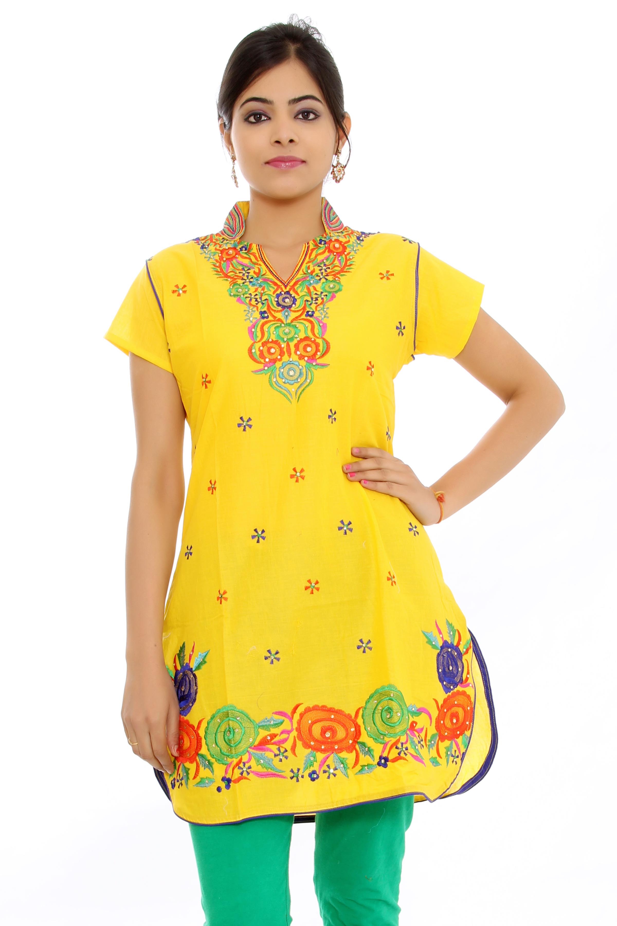 Stone Work Kurti - Cotton, Knee-length, V-neck, Short Sleeves, Green Color | Lightweight Fabric, Colorfast, Stylish Look, Elegant Design