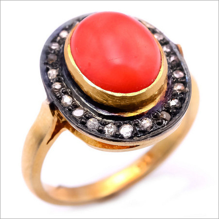 Coral Diamond Gemstone Victorian Ring Gender: Women