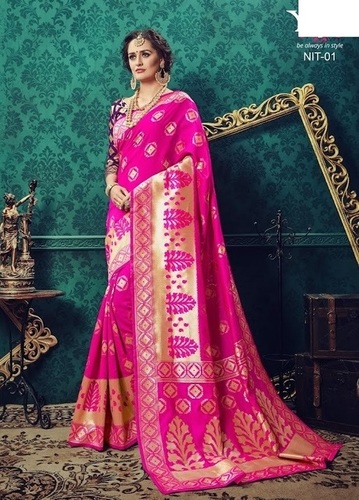 Silk Saree - 5.5 Meter Length with 80 CM Designer Blouse Piece, Pink Color, Striped Pattern, All Season Formal Wear