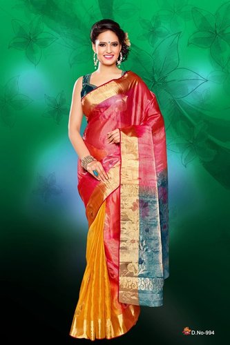 Pure Silk Sarees - Art Silk Fabric, Red and Yellow Color, Plain Pattern