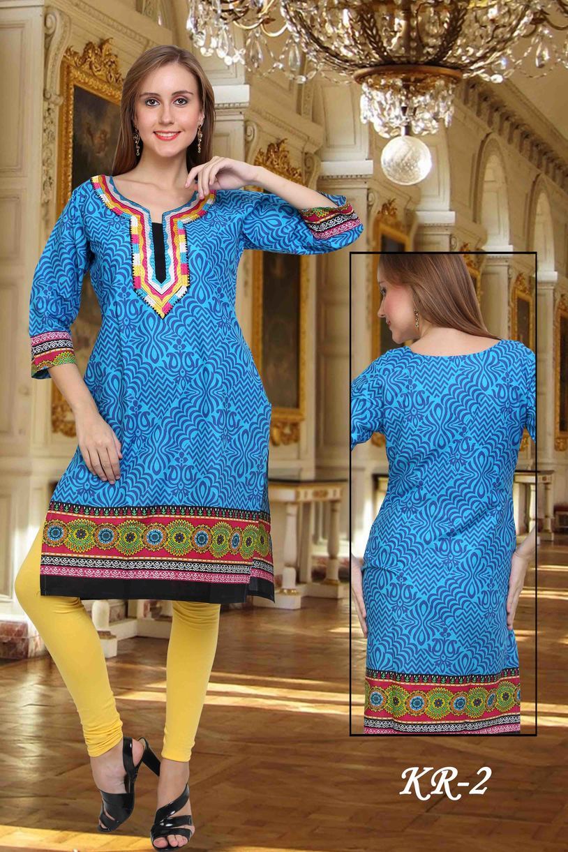 New Launch Kurti - Cotton Blend, 44 Inches, Blue | Stylish Design, Comfortable Fabric, Elegant Look, Perfect Fit, Trendy Style, V-neck, Printed Pattern, Three Quarter Sleeves