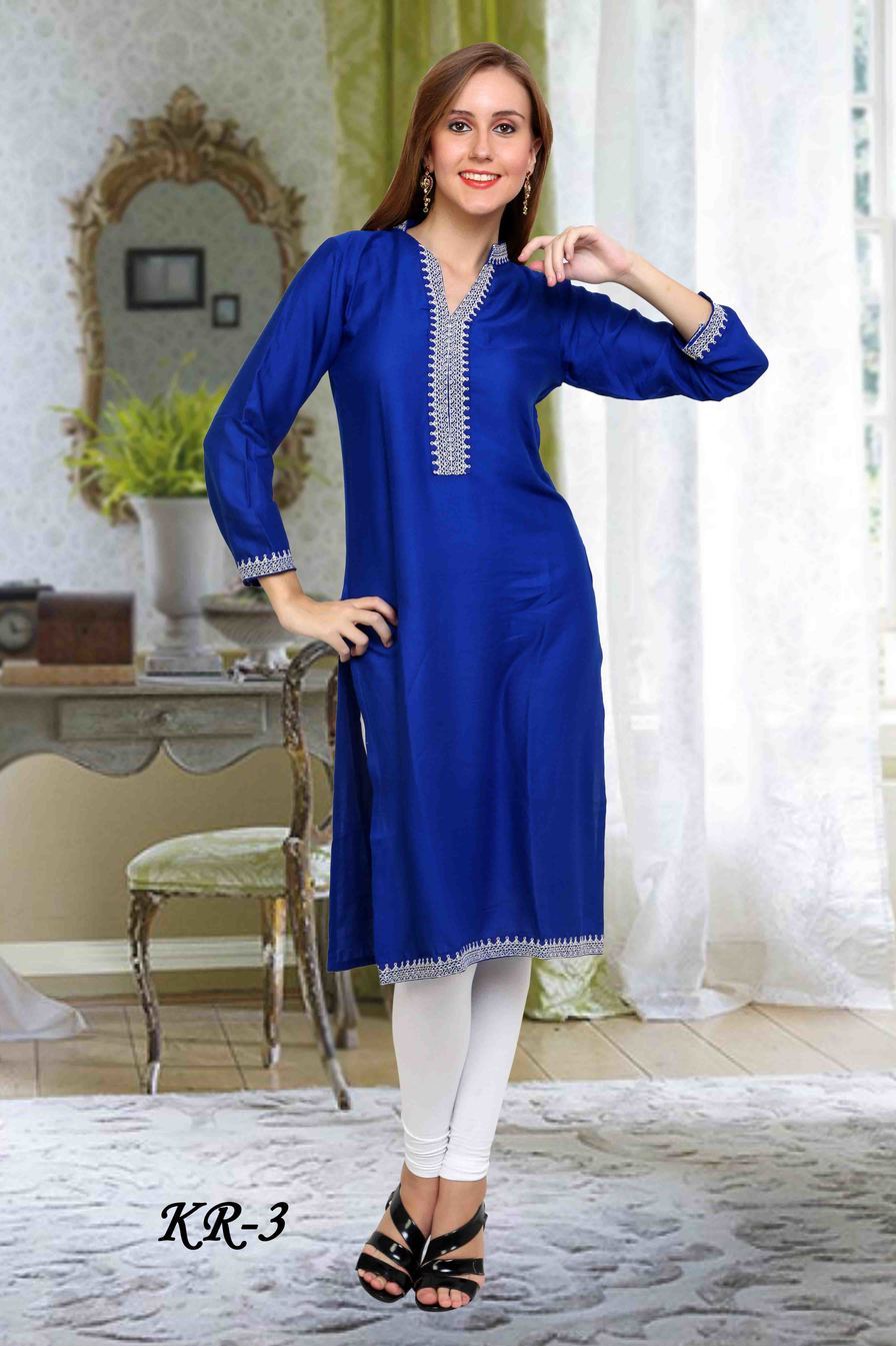New Launch Kurti - Cotton Blend, 44 Inches, Blue | Stylish Design, Comfortable Fabric, Elegant Look, Perfect Fit, Trendy Style, V-neck, Printed Pattern, Three Quarter Sleeves