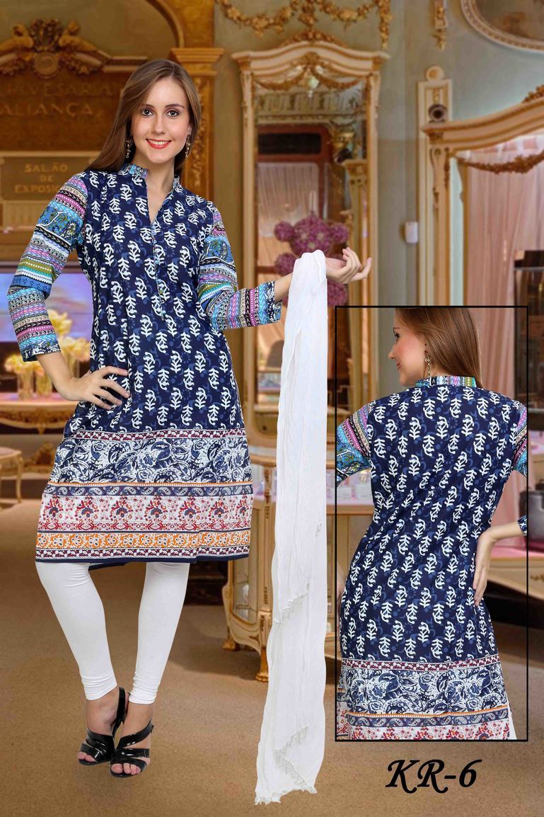New Launch Kurti - Cotton Blend, 44 Inches, Blue | Stylish Design, Comfortable Fabric, Elegant Look, Perfect Fit, Trendy Style, V-neck, Printed Pattern, Three Quarter Sleeves