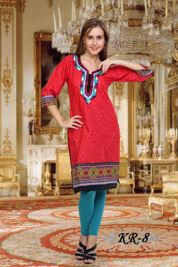 New Launch Kurti - Cotton Blend, 44 Inches, Blue | Stylish Design, Comfortable Fabric, Elegant Look, Perfect Fit, Trendy Style, V-neck, Printed Pattern, Three Quarter Sleeves