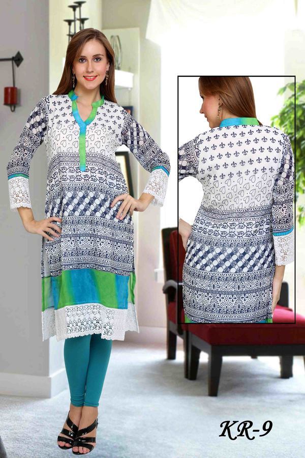 New Launch Kurti - Cotton Blend, 44 Inches, Blue | Stylish Design, Comfortable Fabric, Elegant Look, Perfect Fit, Trendy Style, V-neck, Printed Pattern, Three Quarter Sleeves