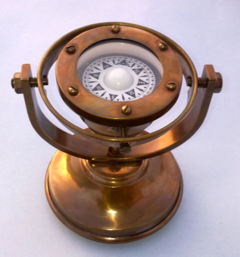 Antique brass nautical ship's gimballed compass marine
