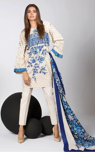 White Georgette Designer Pakistani Salwar Suit - Cotton Satin Material, Customized Size Up to 40, Elegant White Color, Full Sleeves, Printed Pattern, Washable
